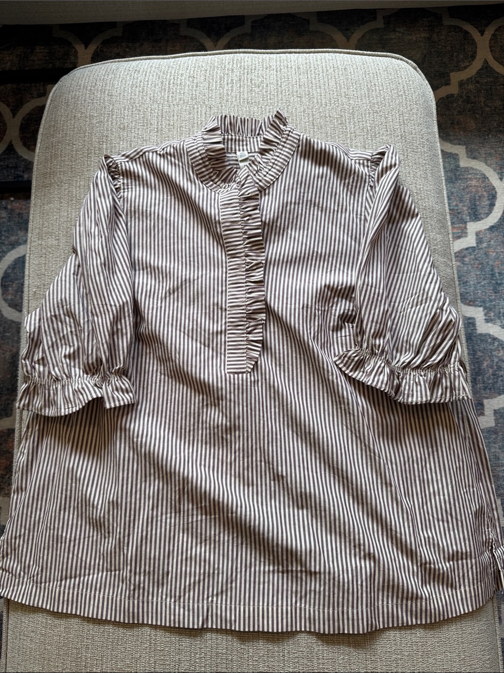 Belle Isle by torrid Brown and White Striped Ruffle-Neck Blouse